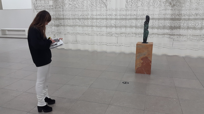 Natalia beside Otto Baum’s Stehendes Mädchen and Mariana Castillo Deball’s Mschatta-Fassade. Taken with the Samsung Galaxy Alpha.