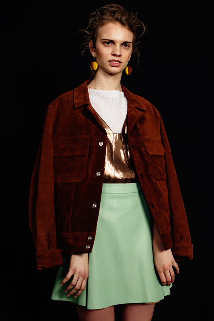 Leather Jacket by Sandro  Gold top - Stills White blouse - Joseph Skirt - Hien Le Earrings -Marimeko