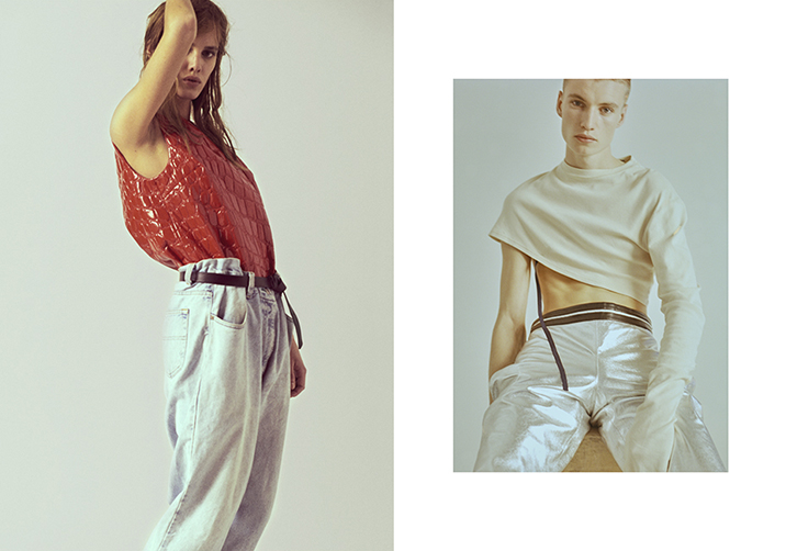 Red patent dress tucked in by Miu miu, denim trousers and belt stylist's own
