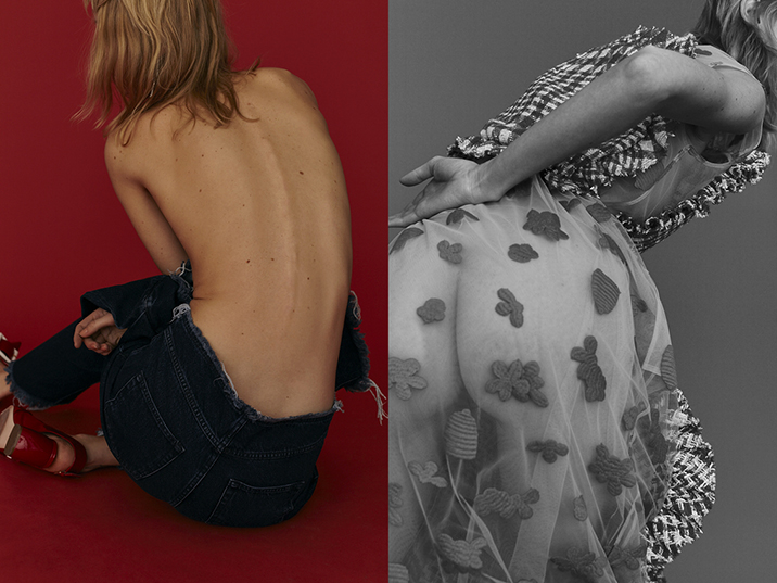 left: denim top and trousers: marques` almeida on www.matchesfashion.com/ pointy shoes: miu miu, earring: dior right: dress: simone rocha