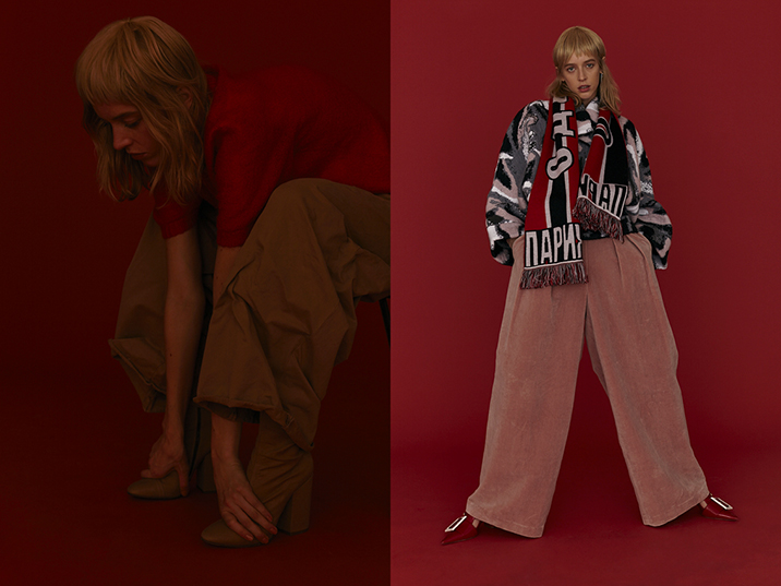 left: jumper: prada/ trousers and ankle boots: dries van noten right: scarf: vetements/ oversized sweater: j.w. anderson/ velvet trousers: dries van noten/ pointy shoes: miu miu, earring: dior