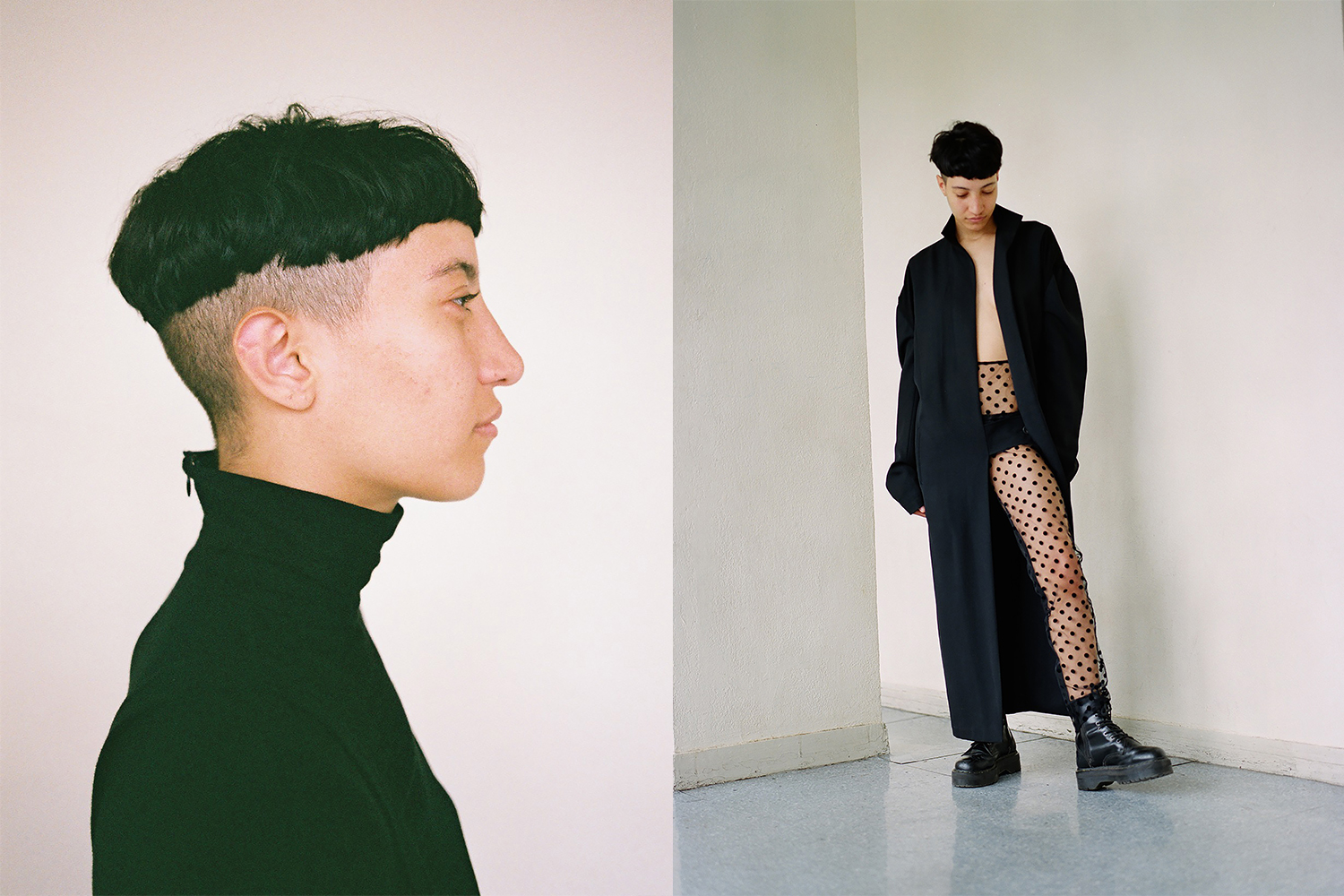 Left: top by Yohji Yamamoto. Right: coat by Yohji Yamamoto, trousers by Paskal, boots model's own.