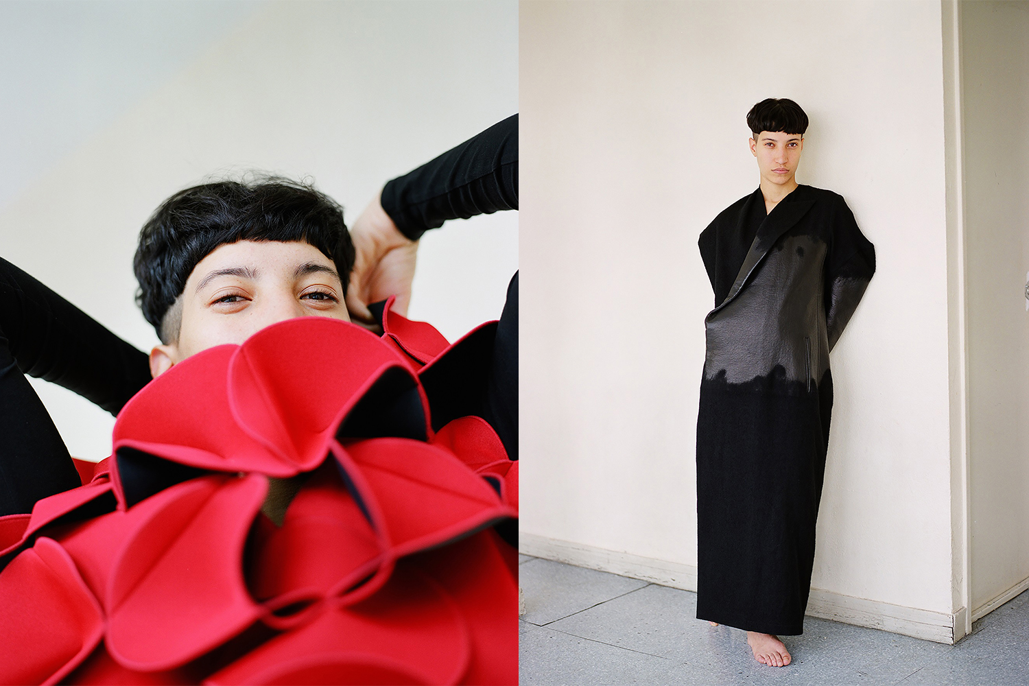 Left: dress by Junya Watanabe. Right: coat by Yohji Yamamoto