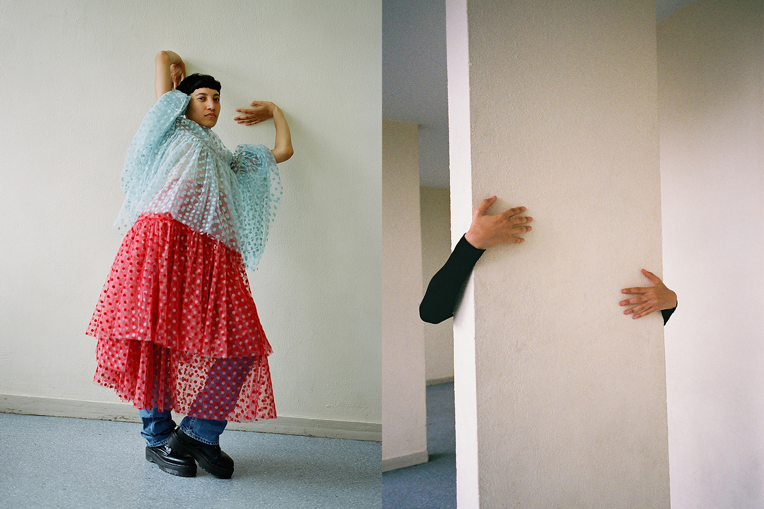 Left: top and skirt by Paskal, jeans by Levi's Vinatge, boots model's own. Right: Jumpsuit by Yohji Yamamoto