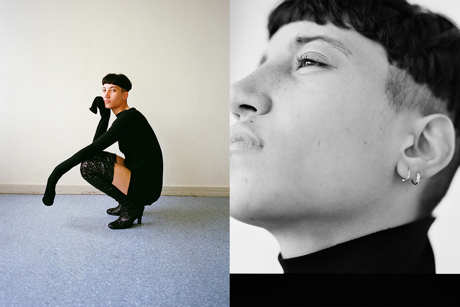 Left: top by Yohji Yamamoto, boots by Lutz Huelle. Right: top by Yohji Yamamoto