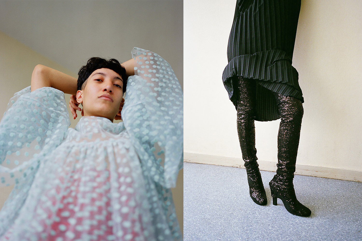 Left: top and skirt by Paskal. Right: dress and boots by Lutz Huelle