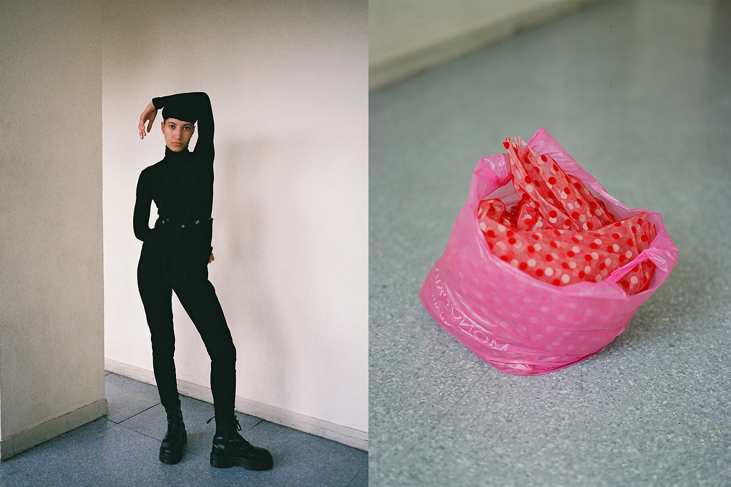 Left: jumpsuit by Yohji Yamamoto, boots model's own