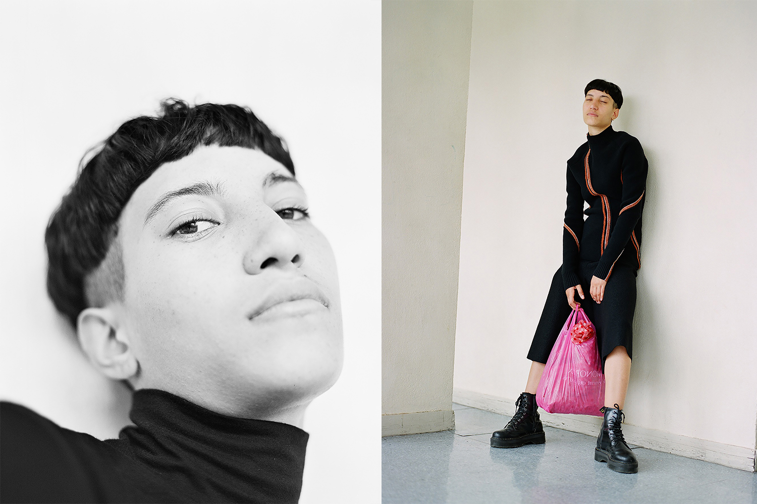 Left: top by Yohji Yamamoto. Right: sweater and skirt by Boss, shoes model's own