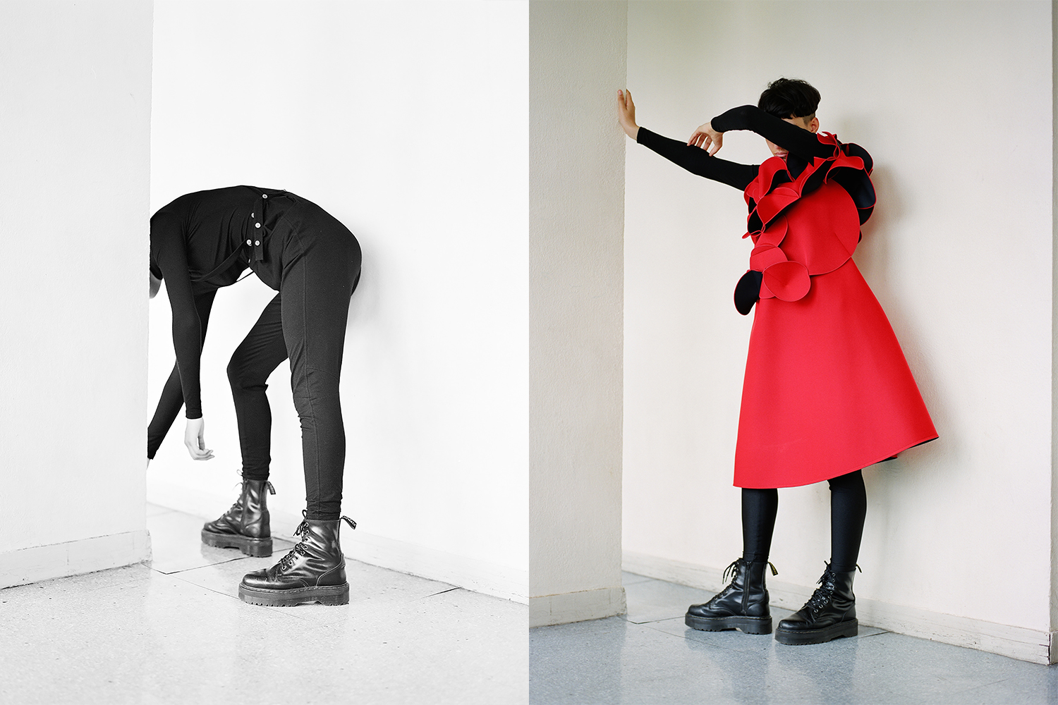 Left: jumpsuit by Yohji Yamamoto, boots model's own. Right: dress by Junya Watanabe, boots model's own.