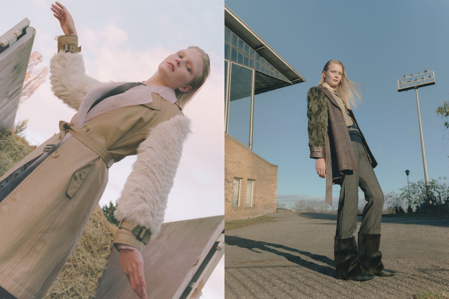 Left: Coat Vintage. trenchcoat and top by Lala Berlin, skirt by Runway, trousers by Rodarte, boots by Miu Miu. Right: coat Vintage, jumper by Lacoste, shirt by Gucci, vest and shoes by Miu Miu, trousers by Dolce & Gabbana.
