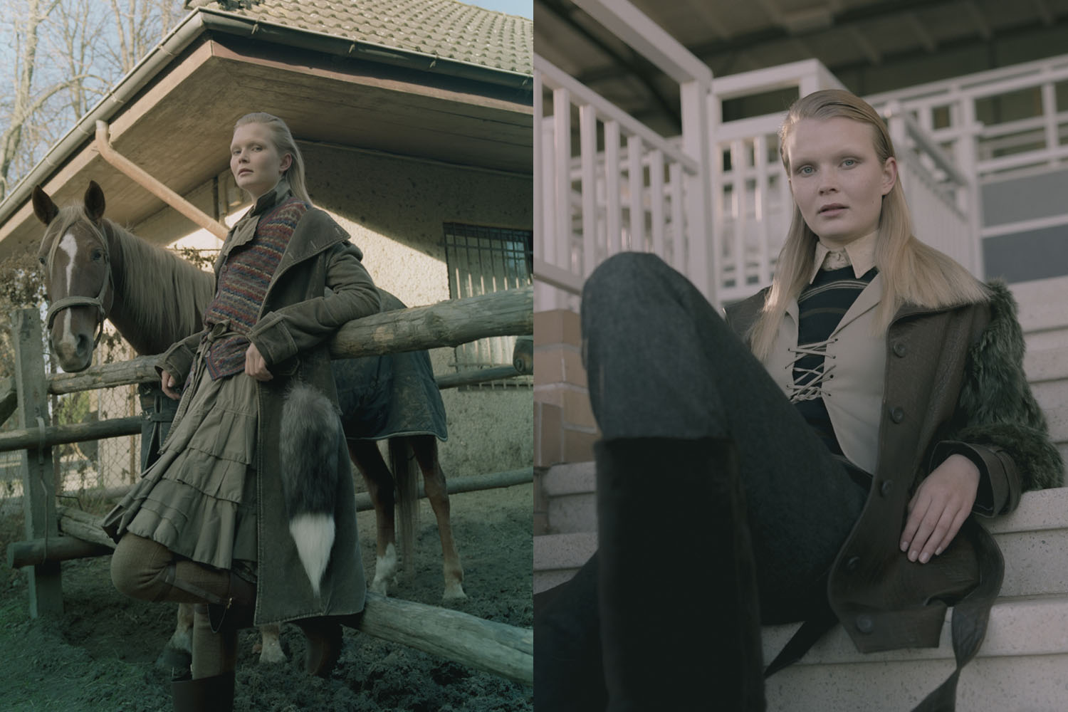 Left: coat by Prada, sweater by Missoni, trench coat by Margiela, trousers by Ralph Lauren, boots by Prada. Right: coat Vintage, jumper by Lacoste, shirt by Gucci, vest and shoes by Miu Miu, trousers by Dolce & Gabbana. 