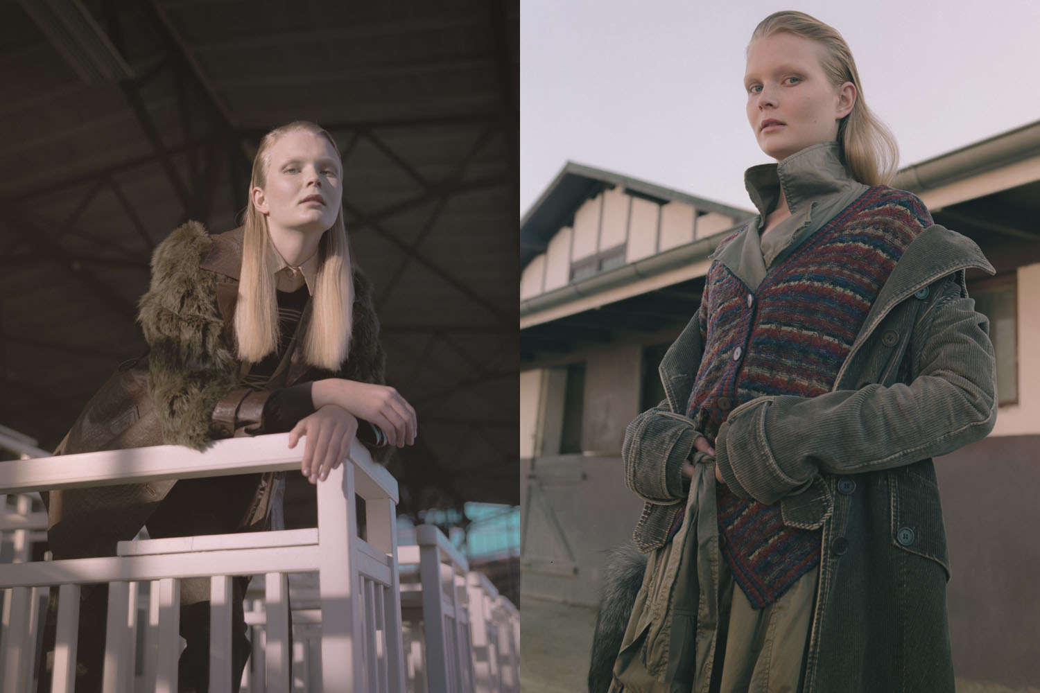 Left: coat Vintage, jumper by Lacoste, shirt by Gucci, vest and shoes by Miu Miu, trousers by Dolce & Gabbana. Right: coat by Prada, sweater by Missoni, trench coat by Margiela, trousers by Ralph Lauren, boots by Prada. 