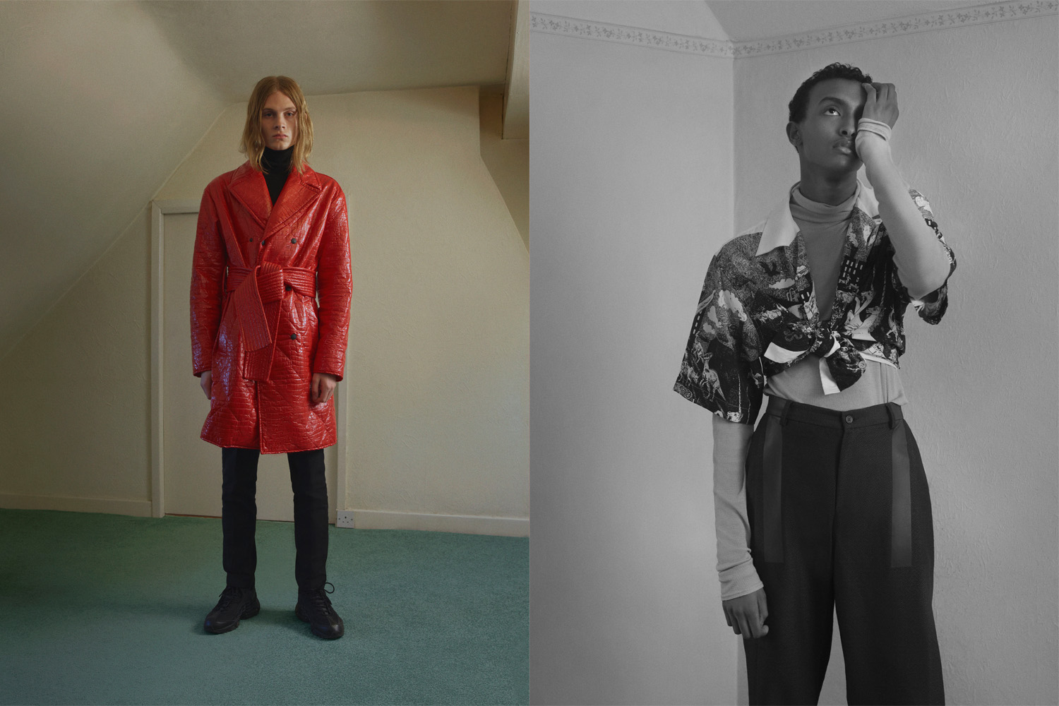 Left: jacket by Kenzo, jumper by Raf Simons, trousers by Topman, shoes by Nike. Right: shirt by Prada, jumper by Lanvin, trousers by Emporio Armani