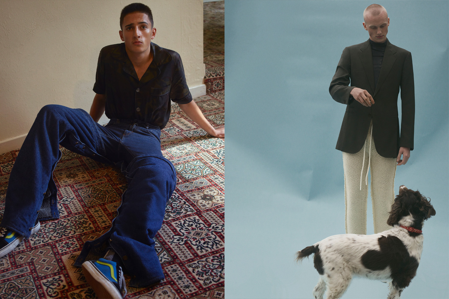 Left: shirt by OFF-WHITE, jeans and chaps by Y/PROJECT, trainers by Vans. Right: coat, top and trousers by Maison Margiela, trainers by Vans