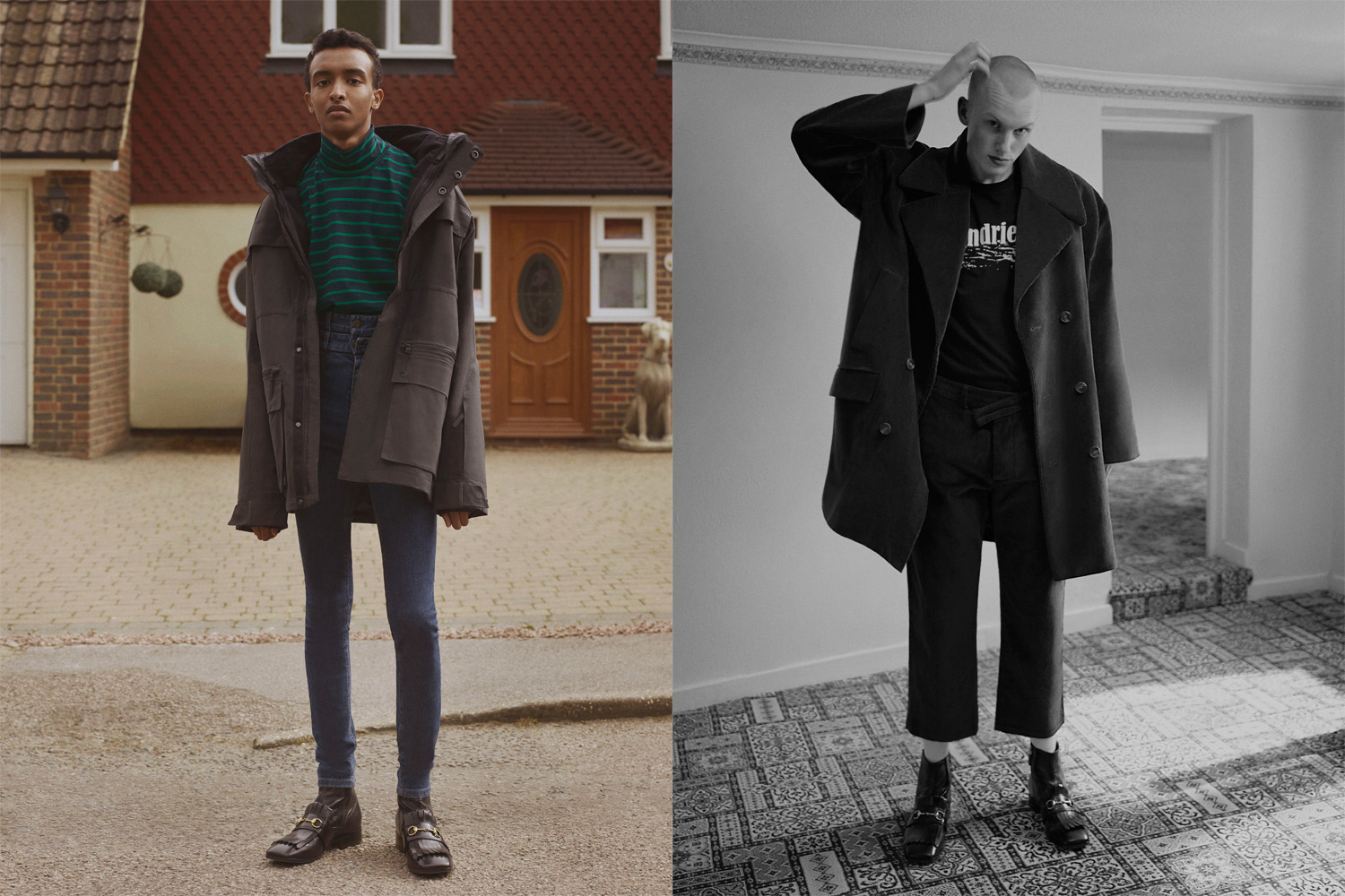Left: coat by Wolfskin Tech Lab, top by John Lawrence Sullivan, jeans by Y/PROJECT, shoes by Gucci. Left: coat by Charles Jeffrey, T-shirt model‘s own, trousers by Charles Jeffrey, shoes by Gucci 