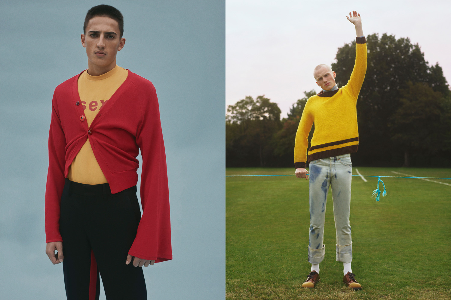 Left: cardigan by Charles Jeffrey, T-shirt model‘s own, trousers by Prada. Left: top and jumper by Gucci, jeans stylist‘s own, shoes by Prada 
