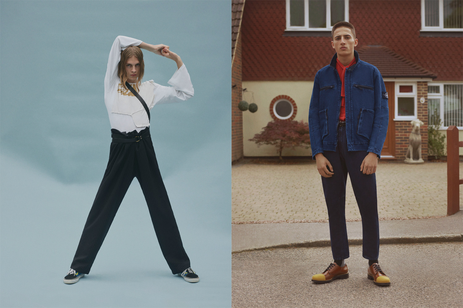 Left: top, trousers and belt by Charles Jeffrey, trainers by Vans. Left: jacket and jeans by Stone Island, shirt and shoes by Prada, belt by Emporio Armani
