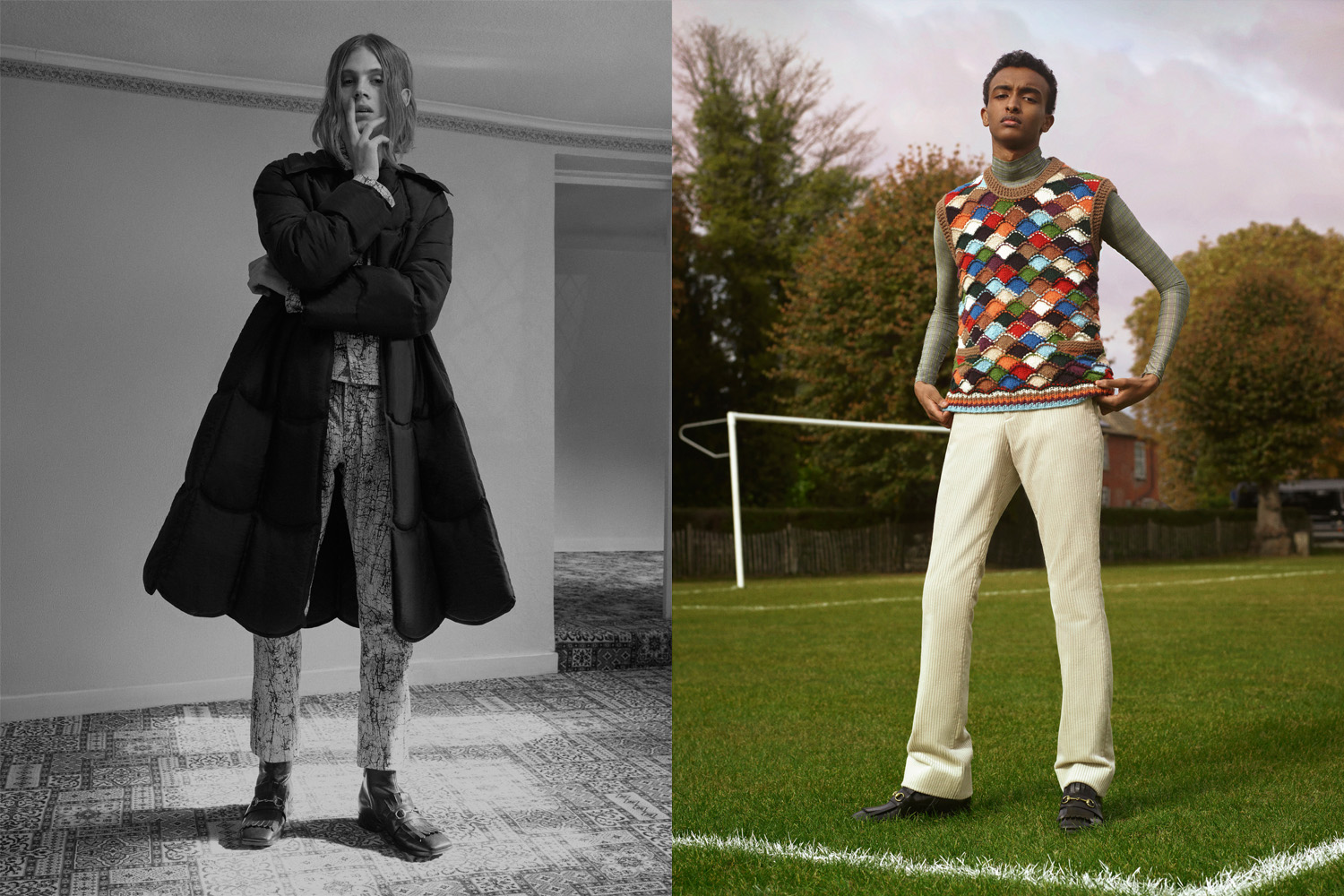Left: coat by J.W.Anderson, shirt and trousers by Louis Vuitton, belt by Emporio Armani, Boots by Gucci. Left: top by Lepli, knitted tank by Prada, trousers and shoes by Gucci 